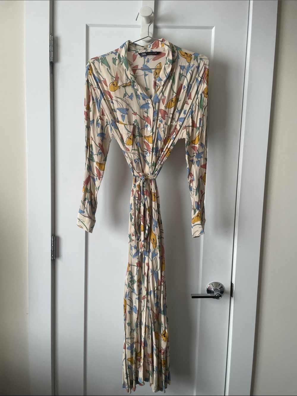 Zara Cream Maxi Shirt Dress with Yellow, Blue & Pink Flower Print